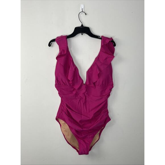J Crew Ruched Ruffle One Piece Swimsuit Womens 16 Radiant Fuchsia Pink Swim Suit - Picture 1 of 7
